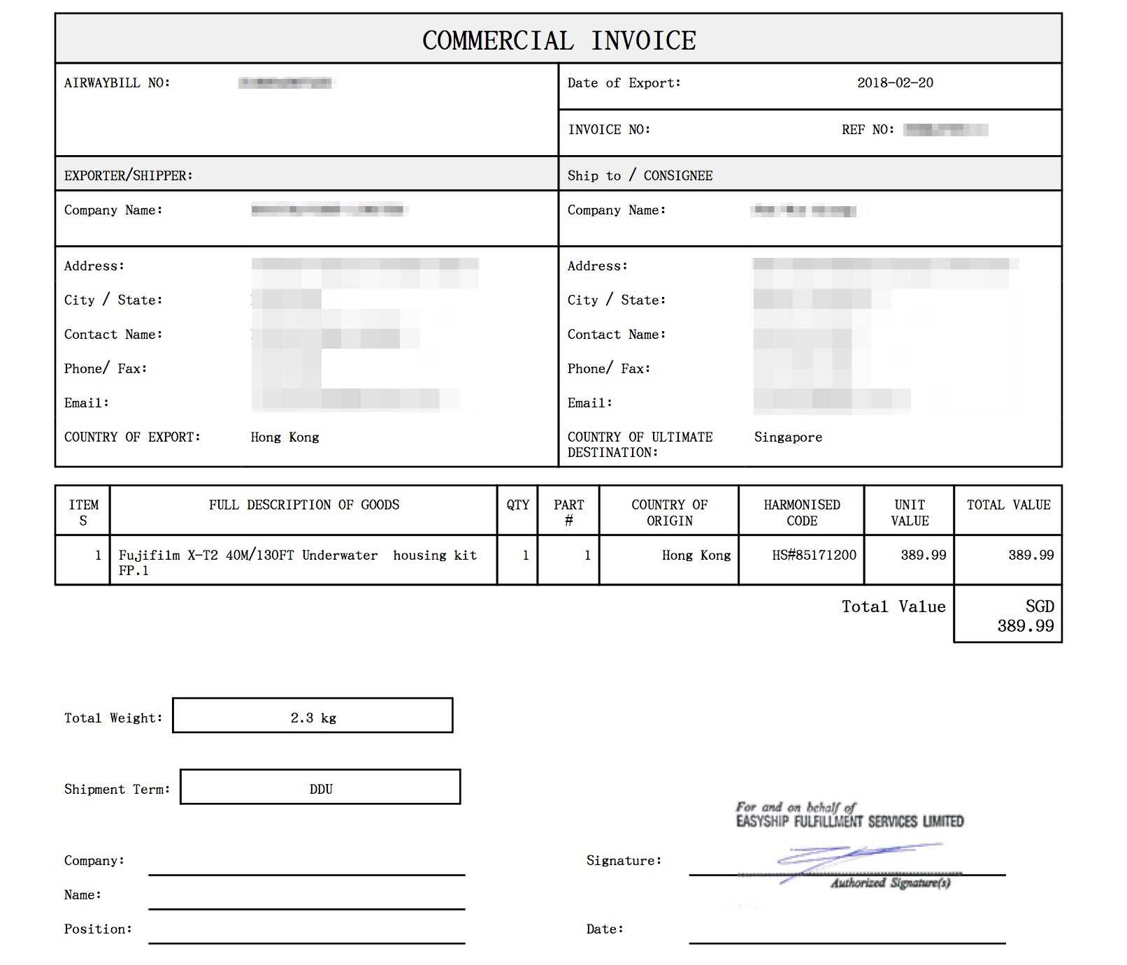 Commercial Invoice Template For International Shipping